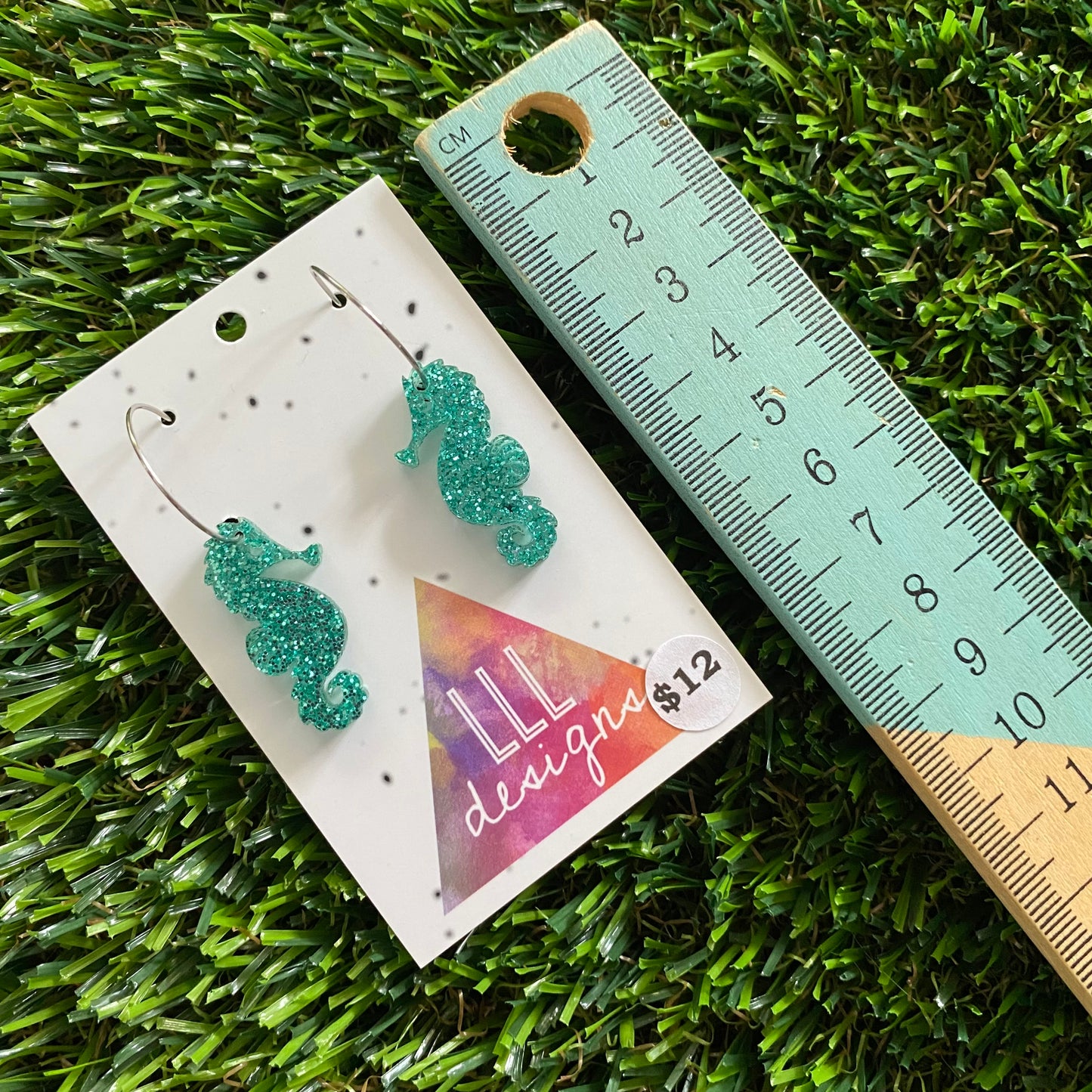Seahorse Earrings - Glitter Aqua Medium Seahorse Dangles with Silver Hoops!