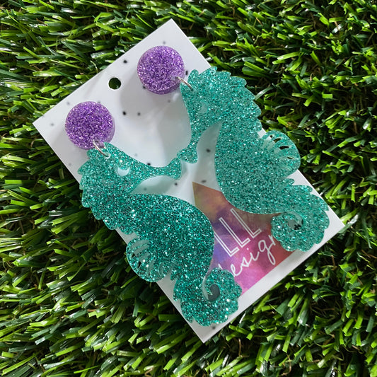 Seahorse Earrings - Glitter Aqua Large Seahorse Dangles with Glitter Purple Top!