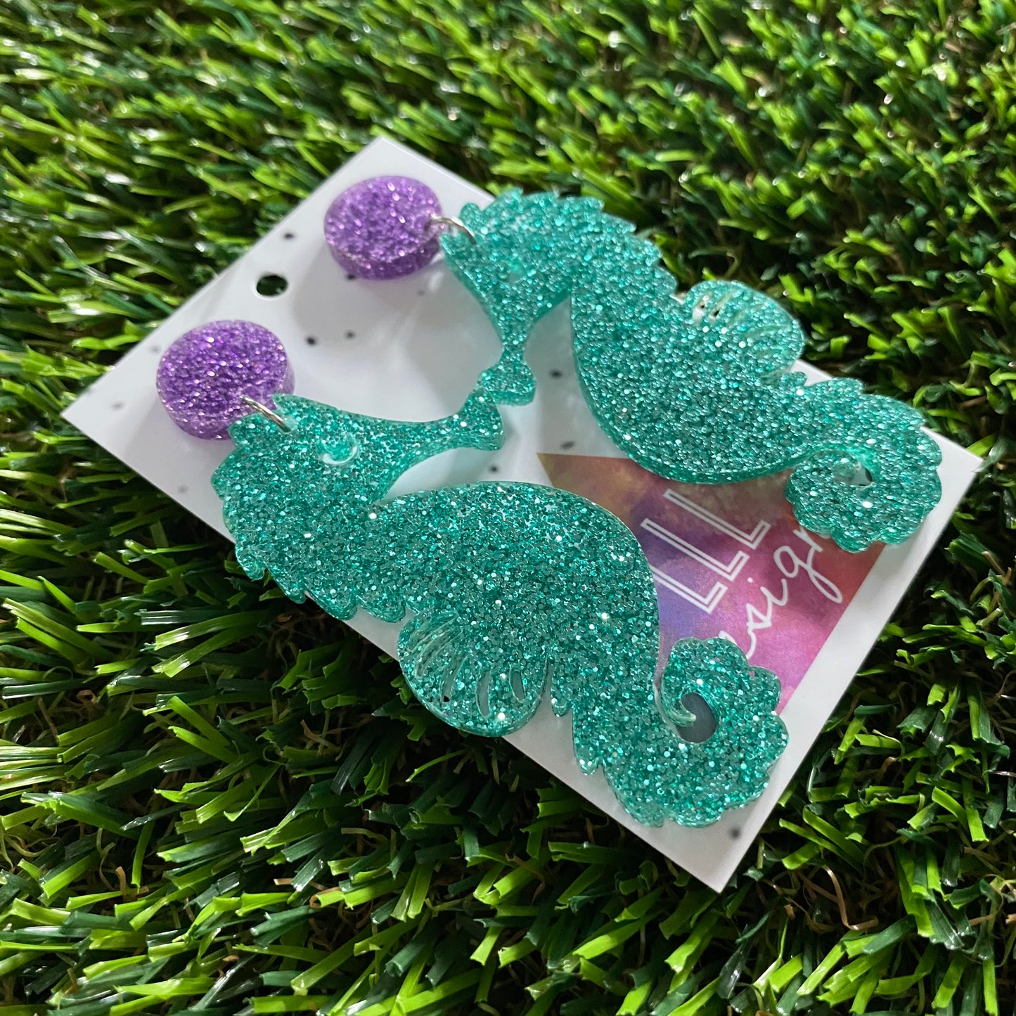 Seahorse Earrings - Glitter Aqua Large Seahorse Dangles with Glitter Purple Top!