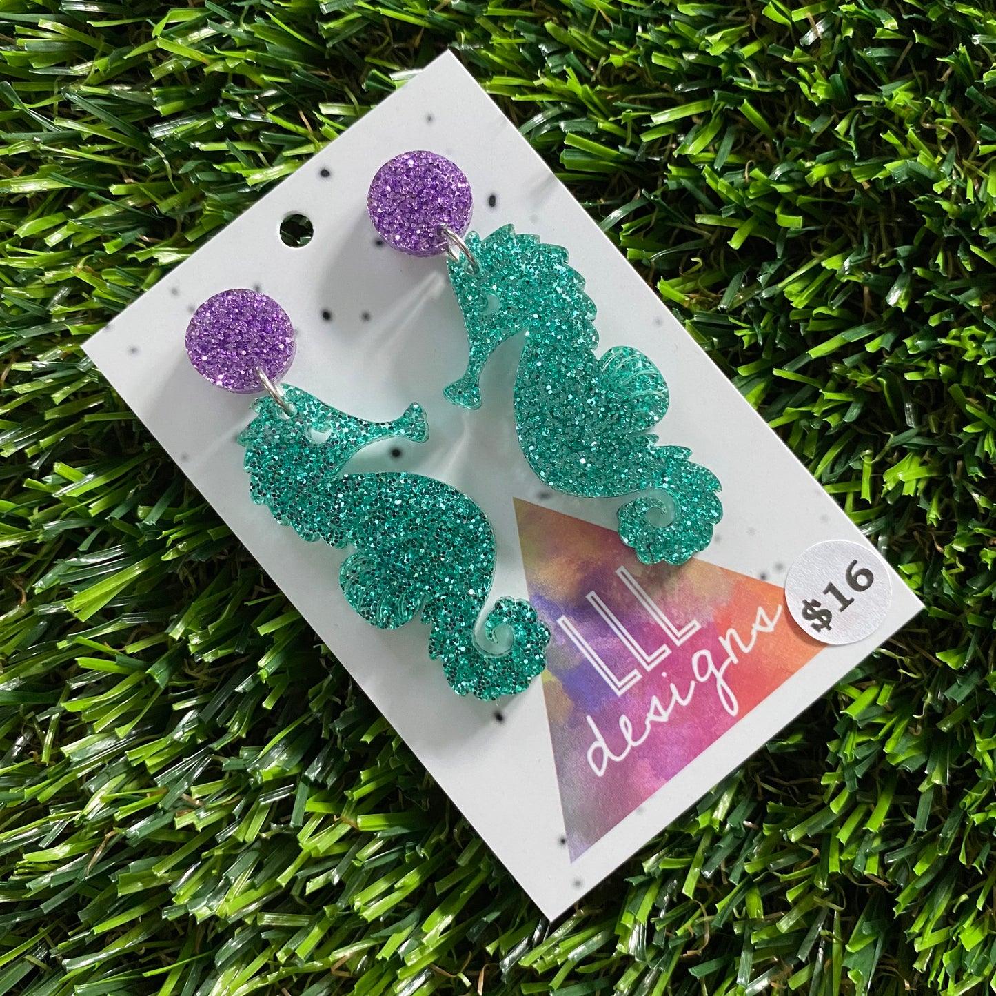 Seahorse Earrings - Glitter Aqua Medium Seahorse Dangles with Glitter Purple Top!