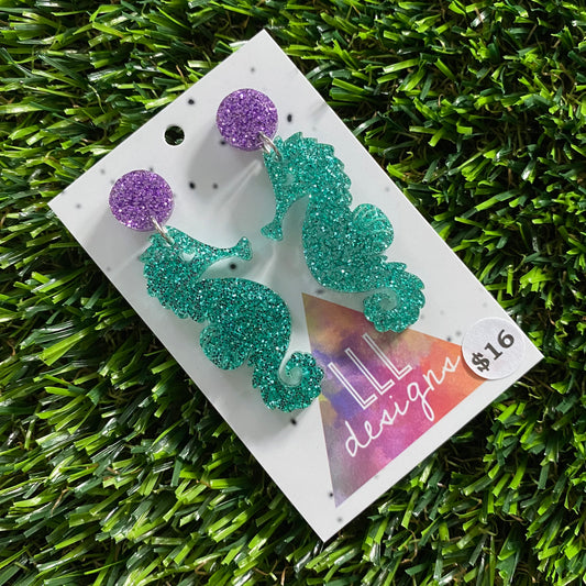 Seahorse Earrings - Glitter Aqua Medium Seahorse Dangles with Glitter Purple Top!