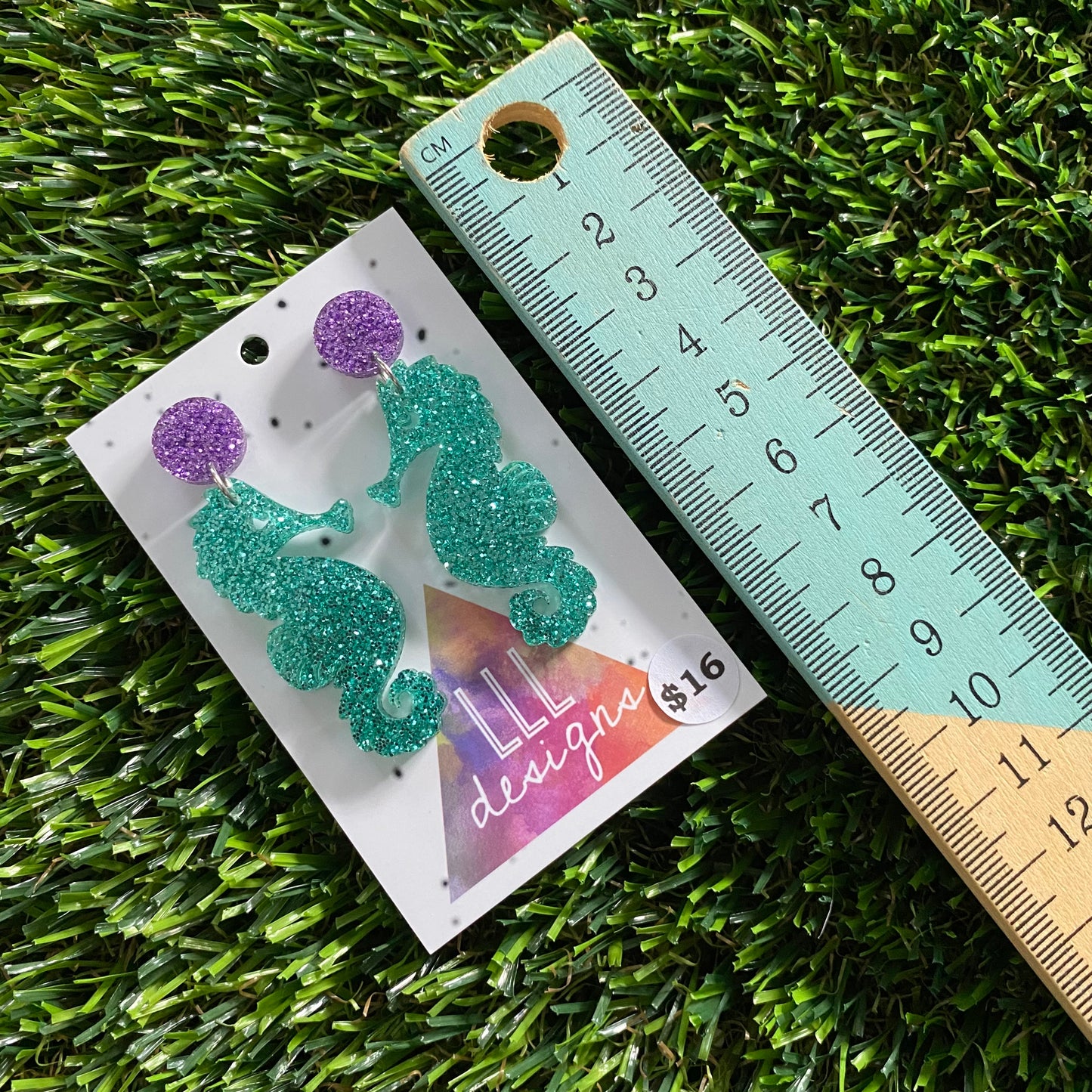 Seahorse Earrings - Glitter Aqua Medium Seahorse Dangles with Glitter Purple Top!