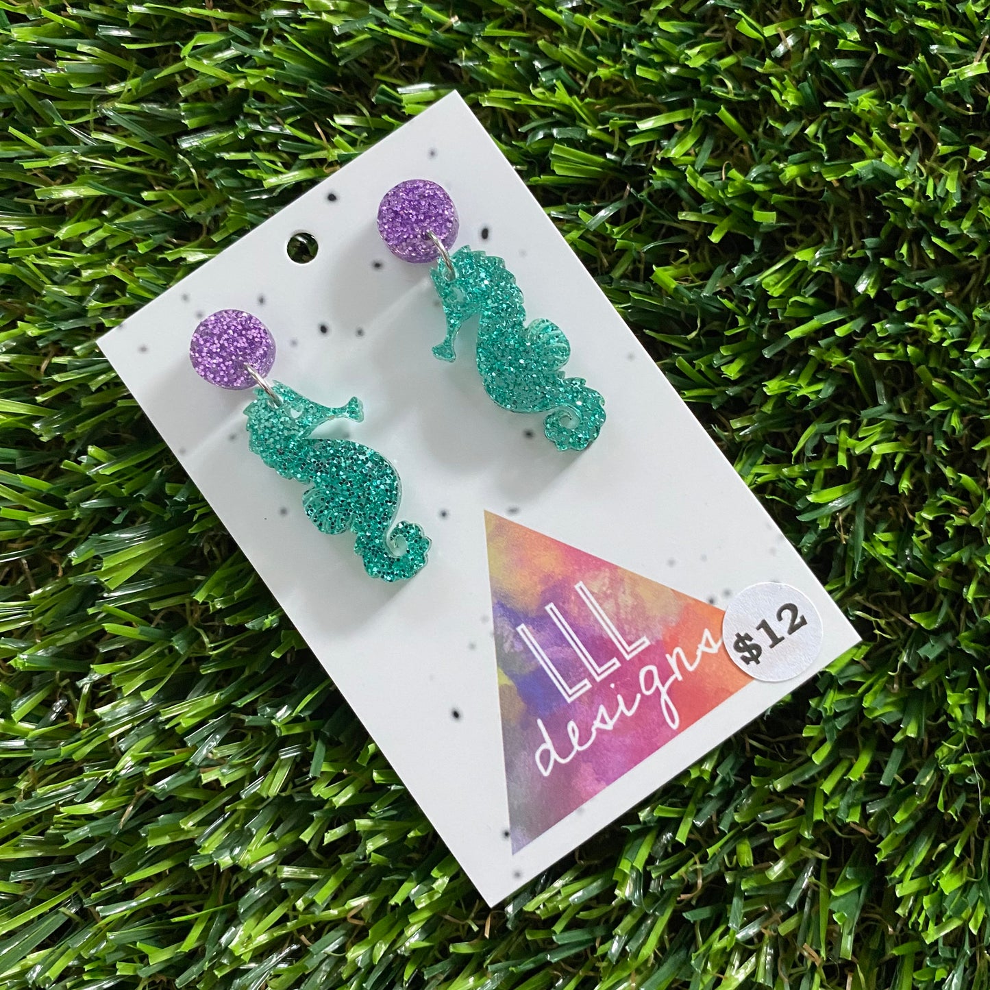 Seahorse Earrings - Glitter Aqua Small Seahorse Dangles with Glitter Purple Top!