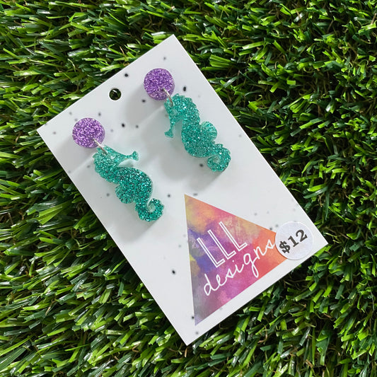 Seahorse Earrings - Glitter Aqua Small Seahorse Dangles with Glitter Purple Top!