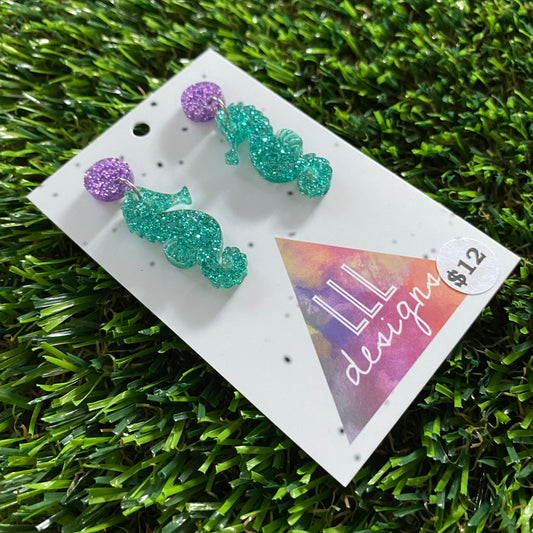 Seahorse Earrings - Glitter Aqua Small Seahorse Dangles with Glitter Purple Top!