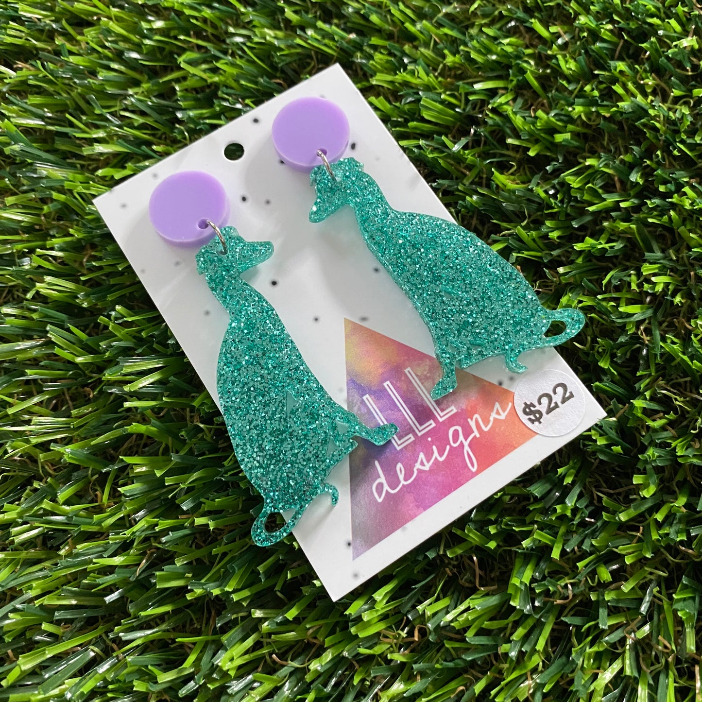 Dog Earrings - Glitter Mint Greyhounds with Pastel Purple Top!