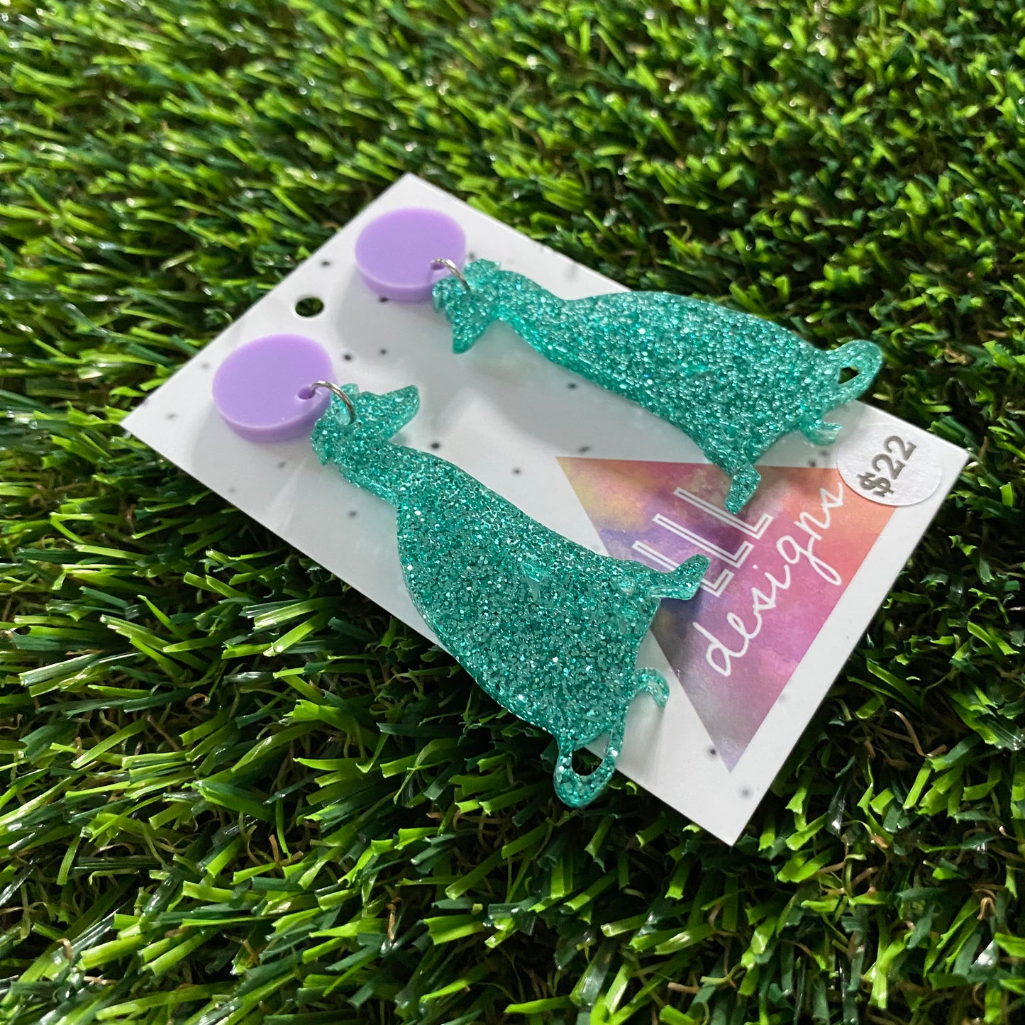 Dog Earrings - Glitter Mint Greyhounds with Pastel Purple Top!