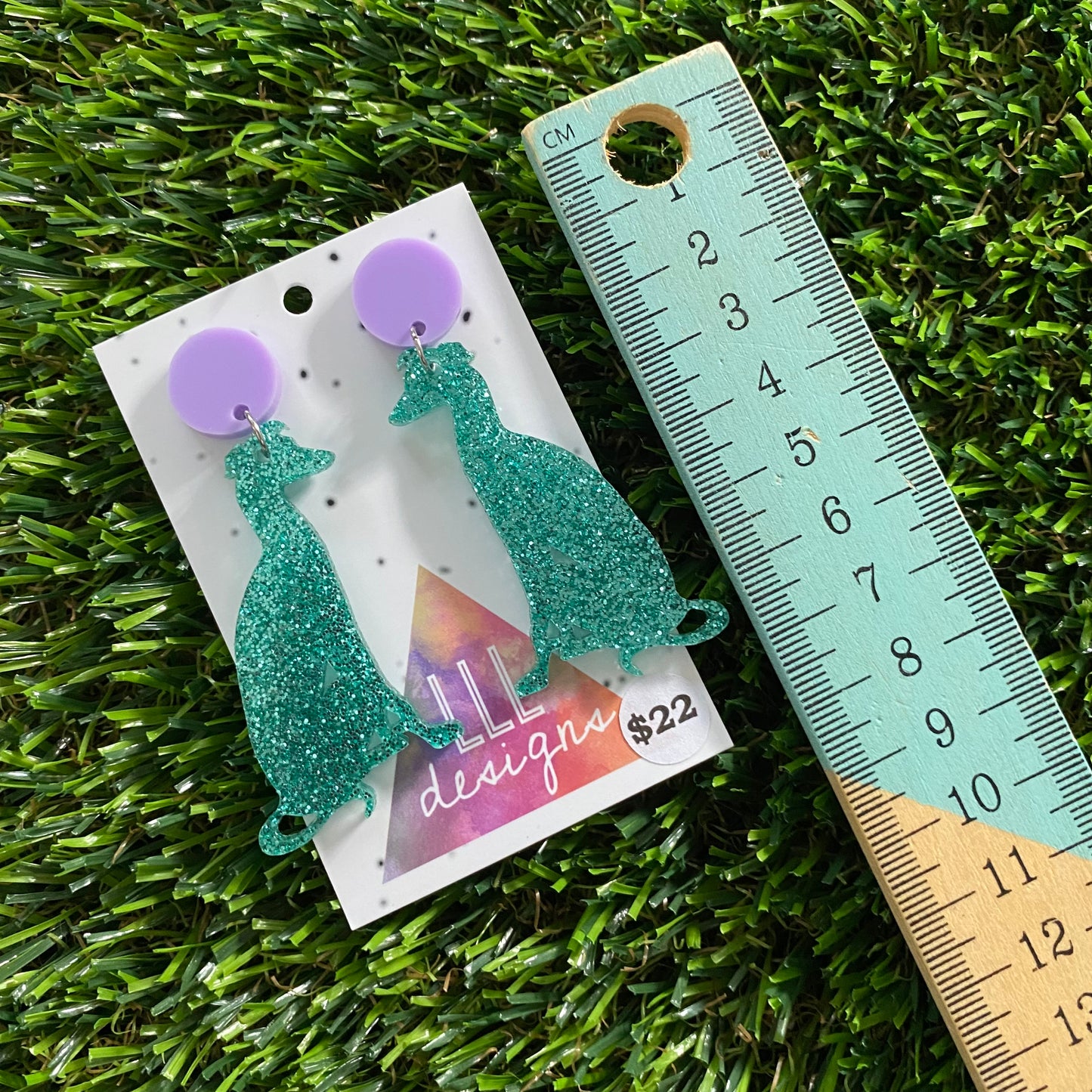 Dog Earrings - Glitter Mint Greyhounds with Pastel Purple Top!