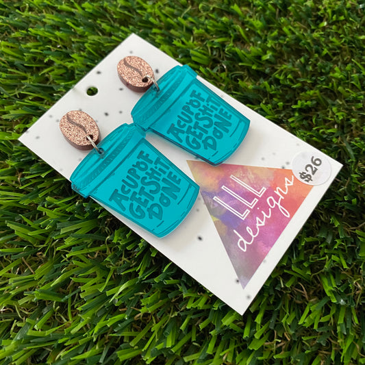Coffee Earrings - Get A Cup of Sh!t Done in Mirror Teal with Glitter Coffee Bean Top!