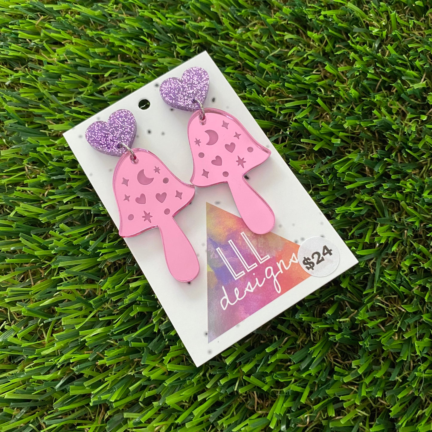 Mushroom Earrings - Pink Magical Mushrooms with Glitter Purple Heart Top!