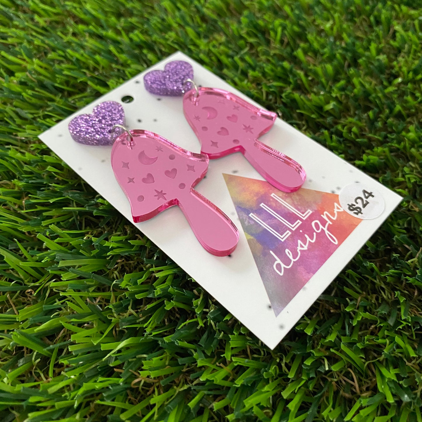 Mushroom Earrings - Pink Magical Mushrooms with Glitter Purple Heart Top!