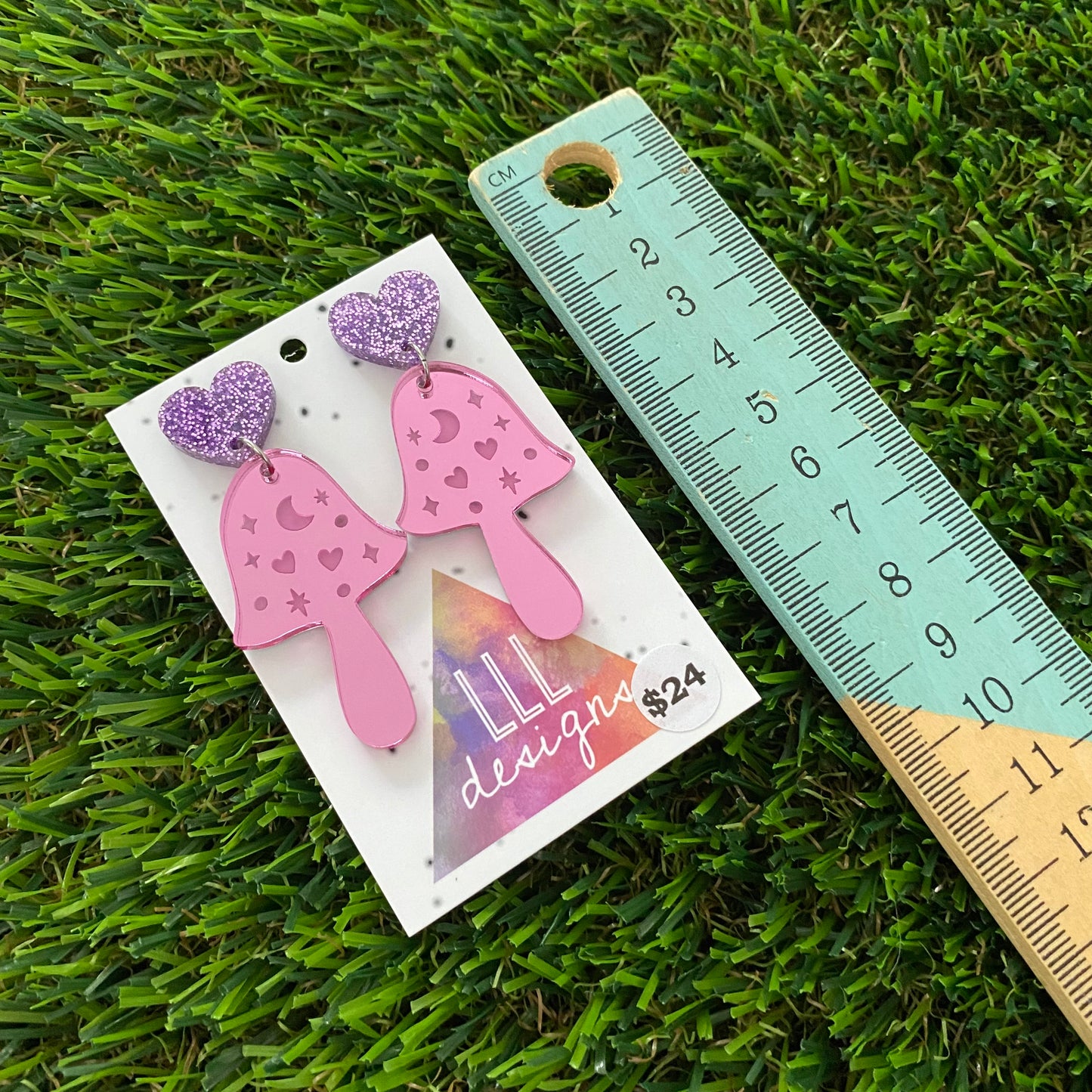 Mushroom Earrings - Pink Magical Mushrooms with Glitter Purple Heart Top!