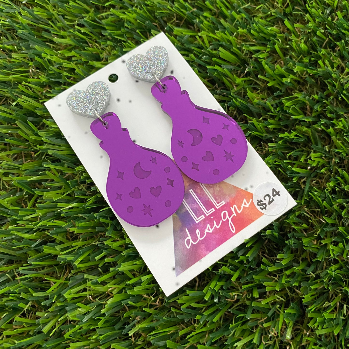 Potion Earrings - Purple Potions with Glitter Silver Heart Top!