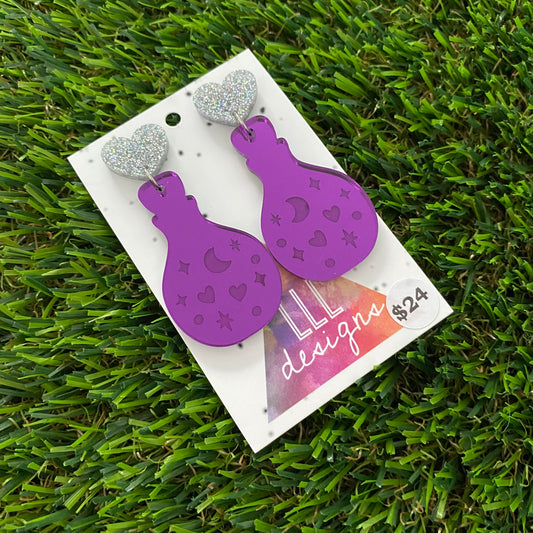 Potion Earrings - Purple Potions with Glitter Silver Heart Top!