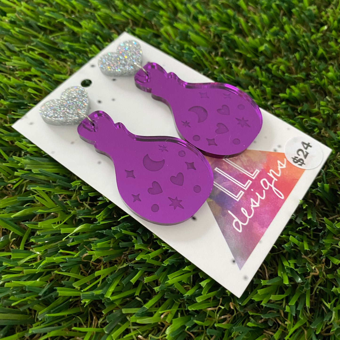 Potion Earrings - Purple Potions with Glitter Silver Heart Top!