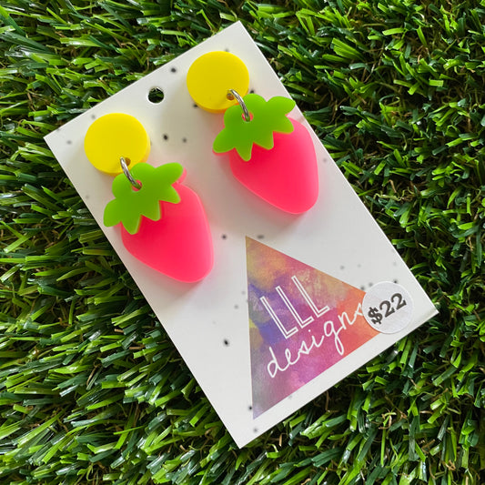Strawberry Earrings - Neon Pink Strawberries with Yellow Top!