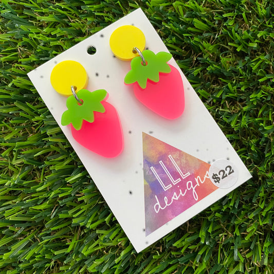 Strawberry Earrings - Neon Pink Strawberries with Yellow Top!