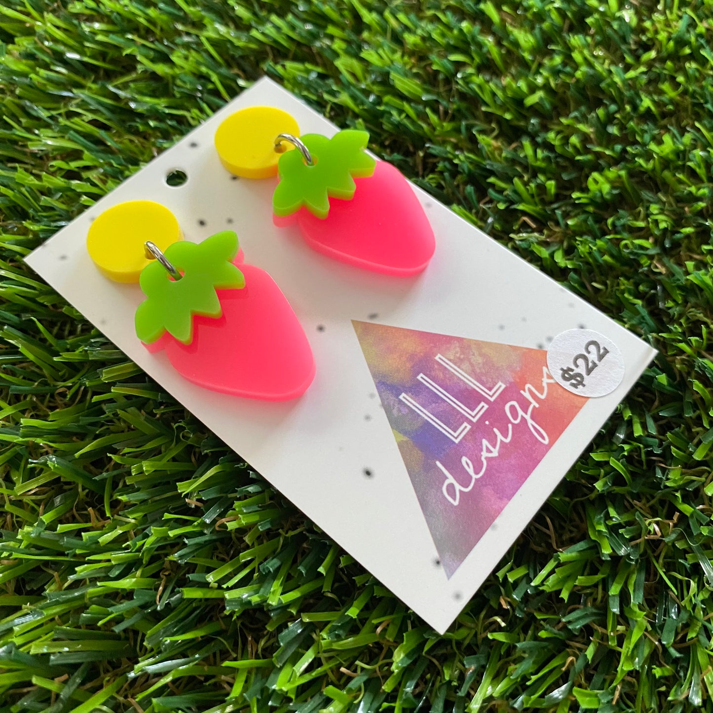 Strawberry Earrings - Neon Pink Strawberries with Yellow Top!