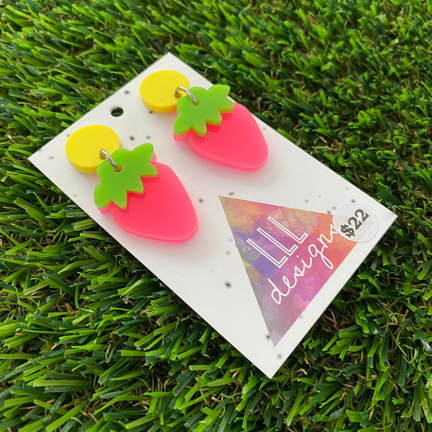 Strawberry Earrings - Neon Pink Strawberries with Yellow Top!