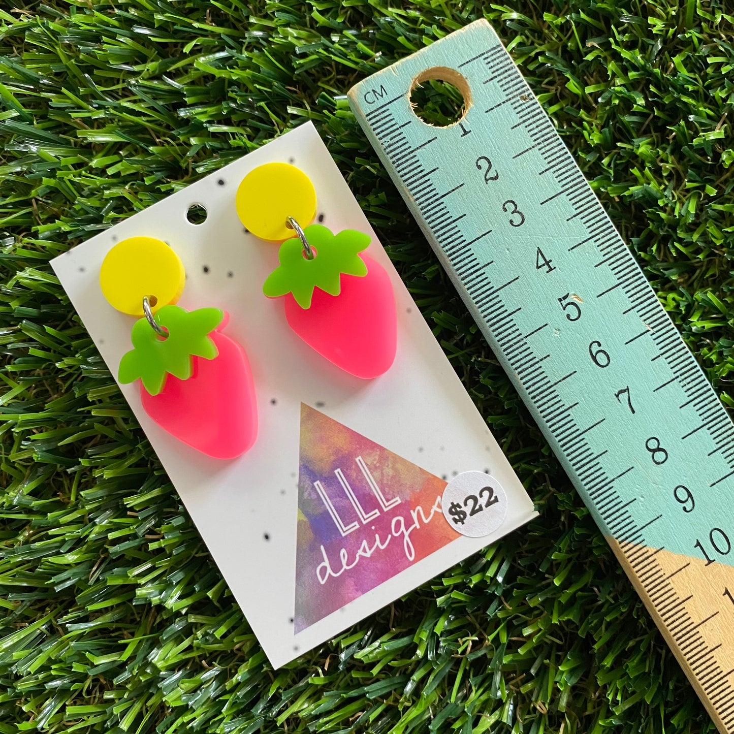 Strawberry Earrings - Neon Pink Strawberries with Yellow Top!