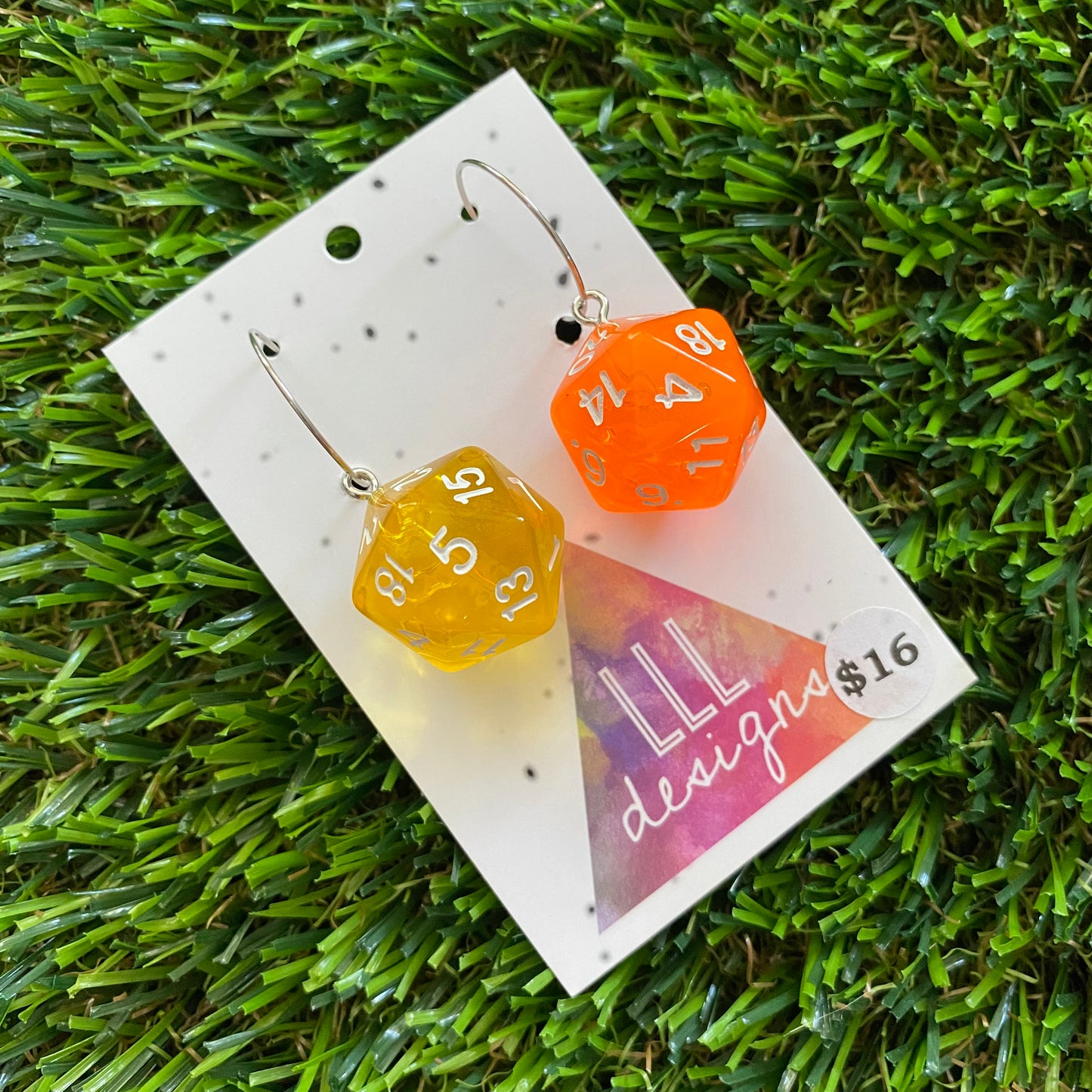 Dice Earrings - Yellow and Orange Multi Dice with Silver Hoops!