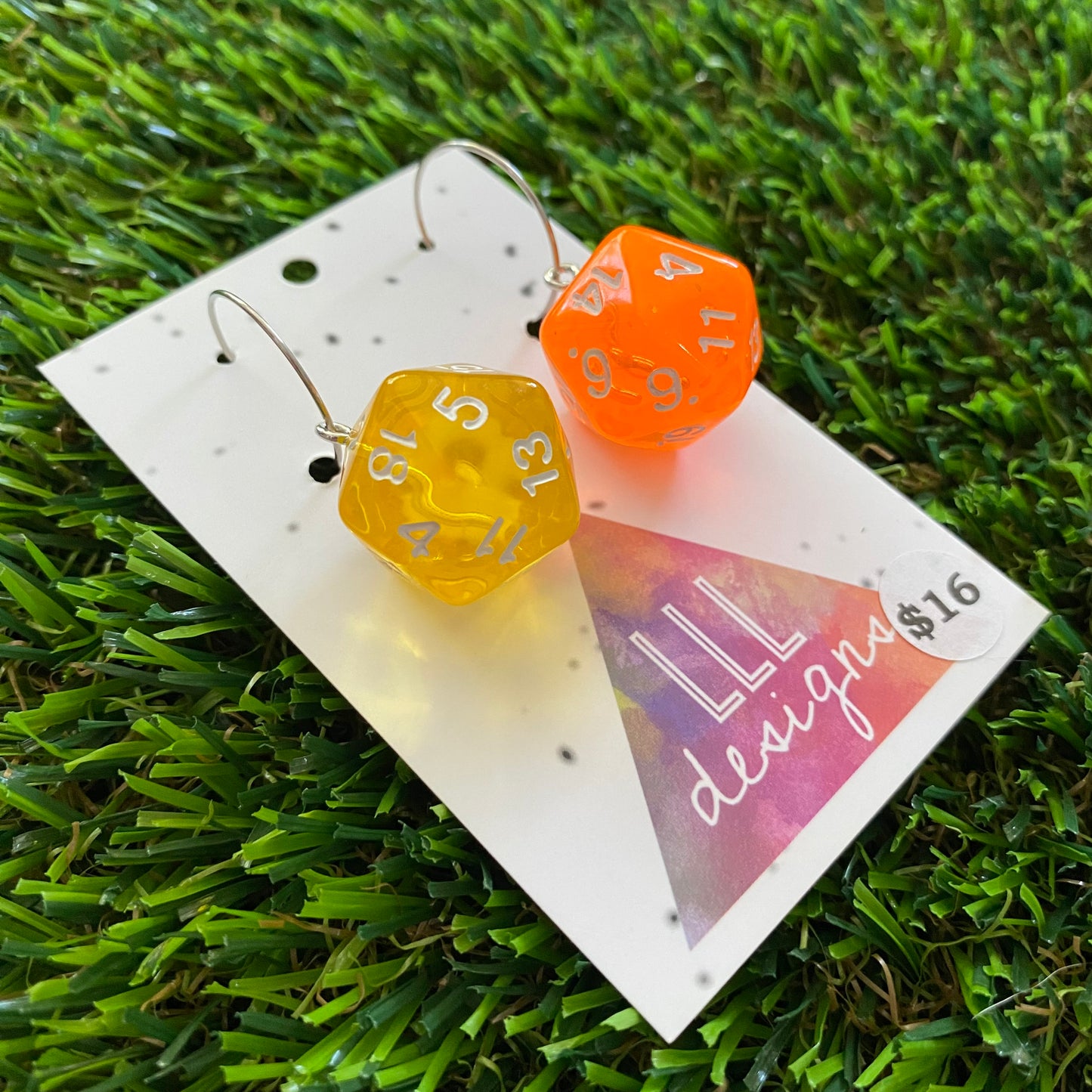 Dice Earrings - Yellow and Orange Multi Dice with Silver Hoops!