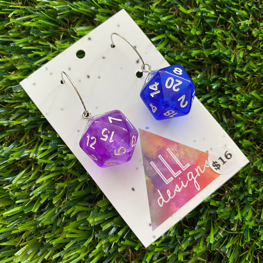 Dice Earrings - Purple and Blue Multi Dice with Silver Hoops!