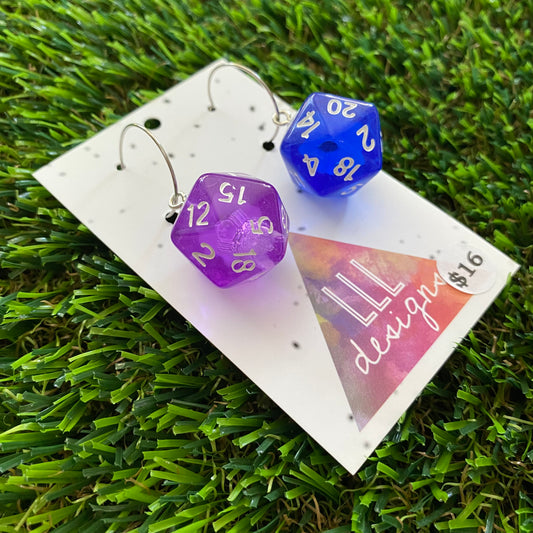 Dice Earrings - Purple and Blue Multi Dice with Silver Hoops!