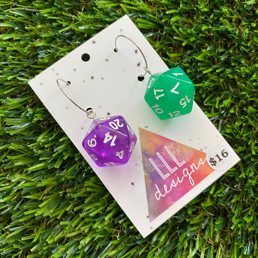Dice Earrings - Purple and Green Multi Dice with Silver Hoops!