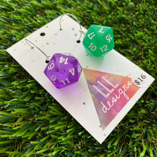 Dice Earrings - Purple and Green Multi Dice with Silver Hoops!