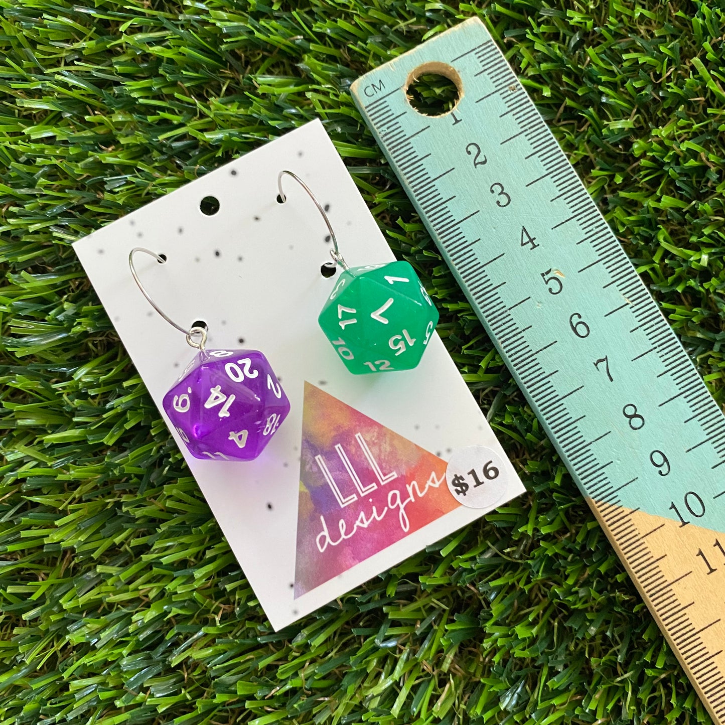 Dice Earrings - Purple and Green Multi Dice with Silver Hoops!