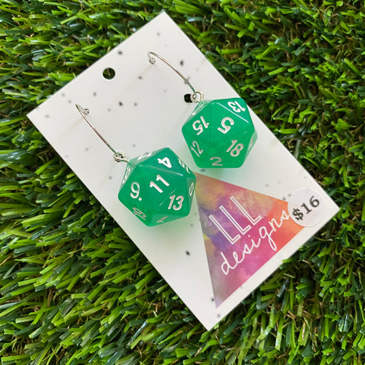 Dice Earrings - Green Multi Dice with Silver Hoops!