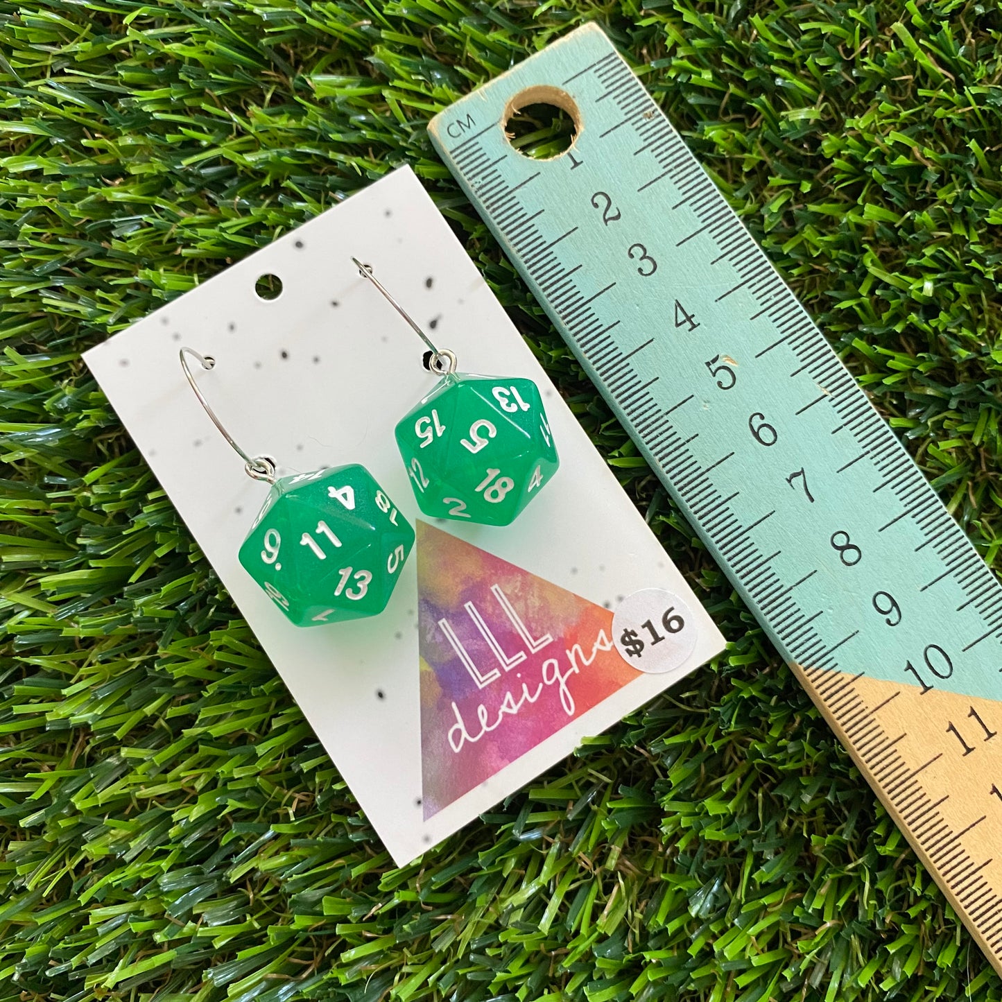Dice Earrings - Green Multi Dice with Silver Hoops!