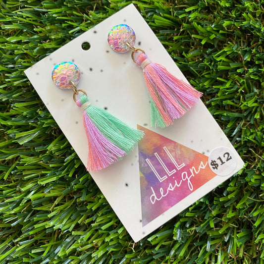 Tassel Earrings - Rainbow Tassels with Mermaid Scale Tops!