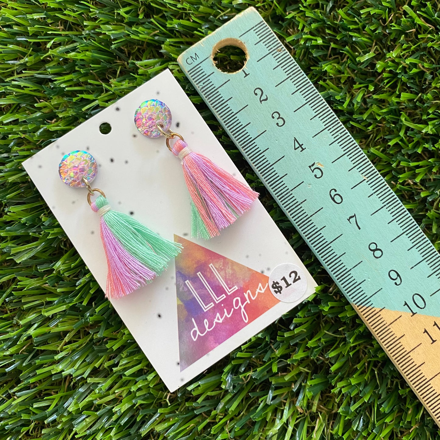 Tassel Earrings - Rainbow Tassels with Mermaid Scale Tops!
