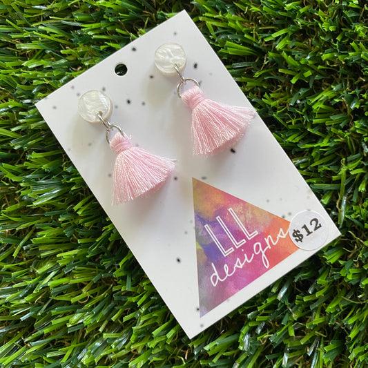Mini Tassel Earrings - Mini Pastel Pink Tassels with Pearlescent Tops!