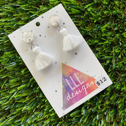 Mini Tassel Earrings - Mini White Tassels with Pearlescent Tops!