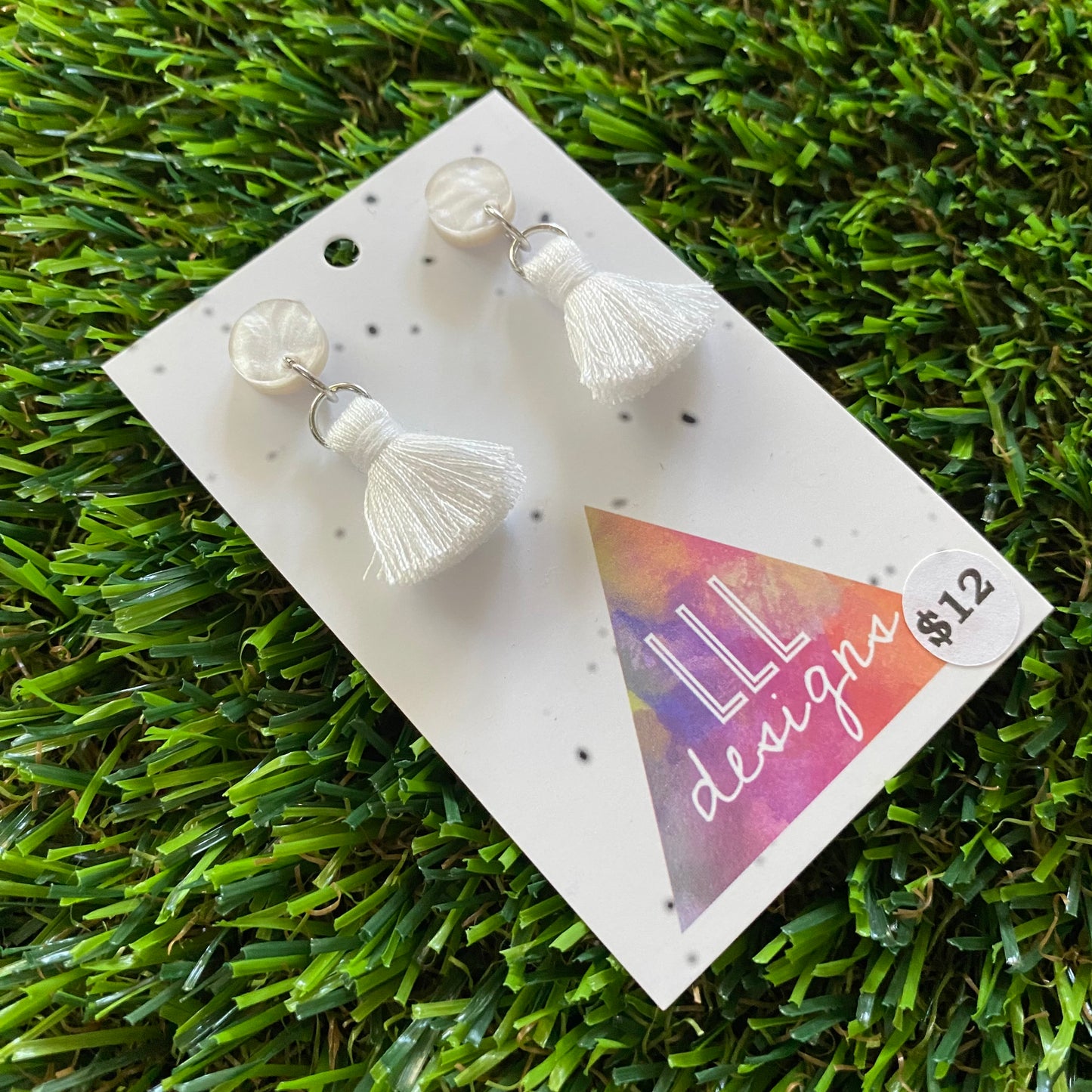 Mini Tassel Earrings - Mini White Tassels with Pearlescent Tops!