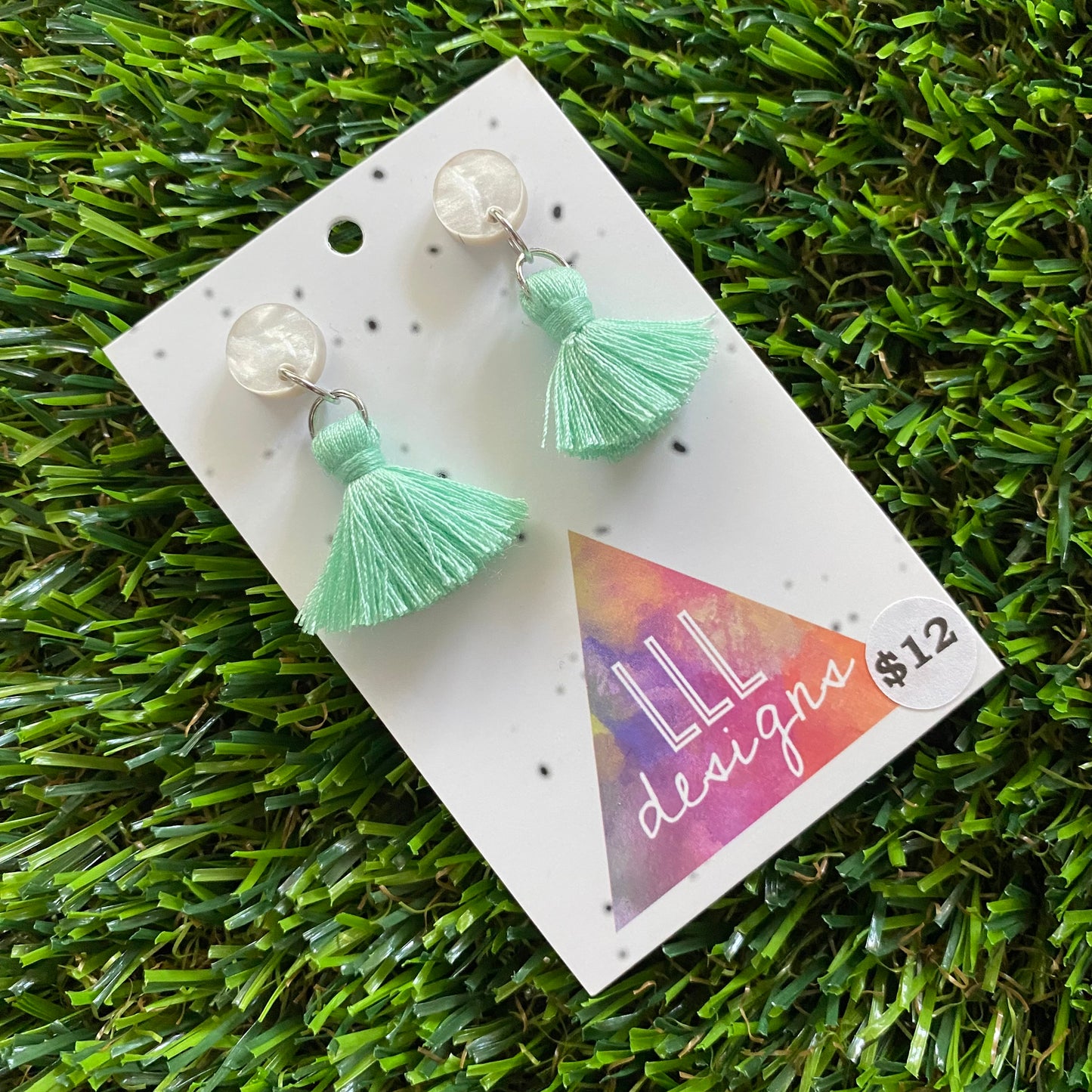 Mini Tassel Earrings - Mini Pastel Mint Tassels with Pearlescent Tops!