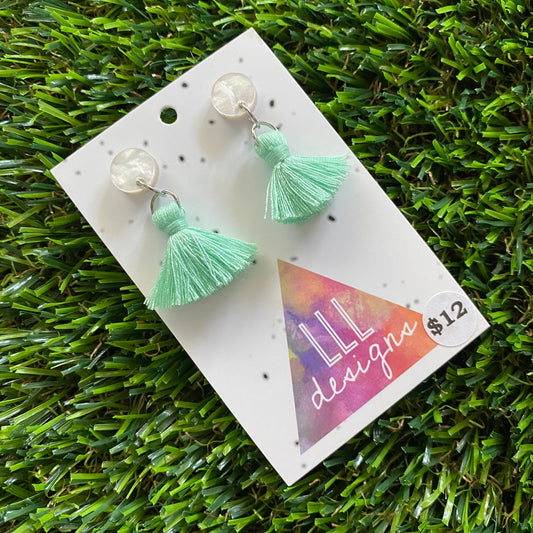 Mini Tassel Earrings - Mini Pastel Mint Tassels with Pearlescent Tops!