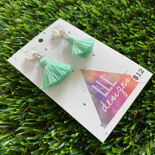 Mini Tassel Earrings - Mini Pastel Mint Tassels with Pearlescent Tops!