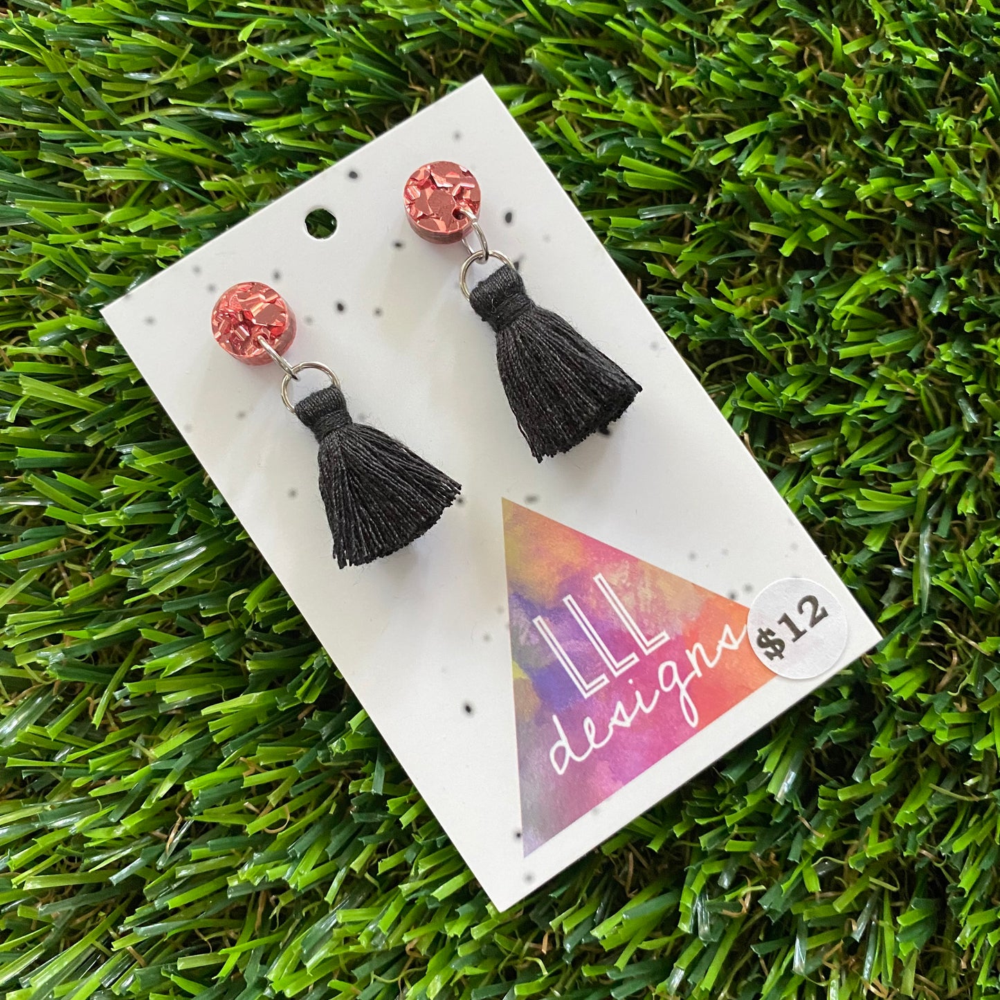 Mini Tassel Earrings - Mini Black Tassels with Dusty Pink Confetti Tops!