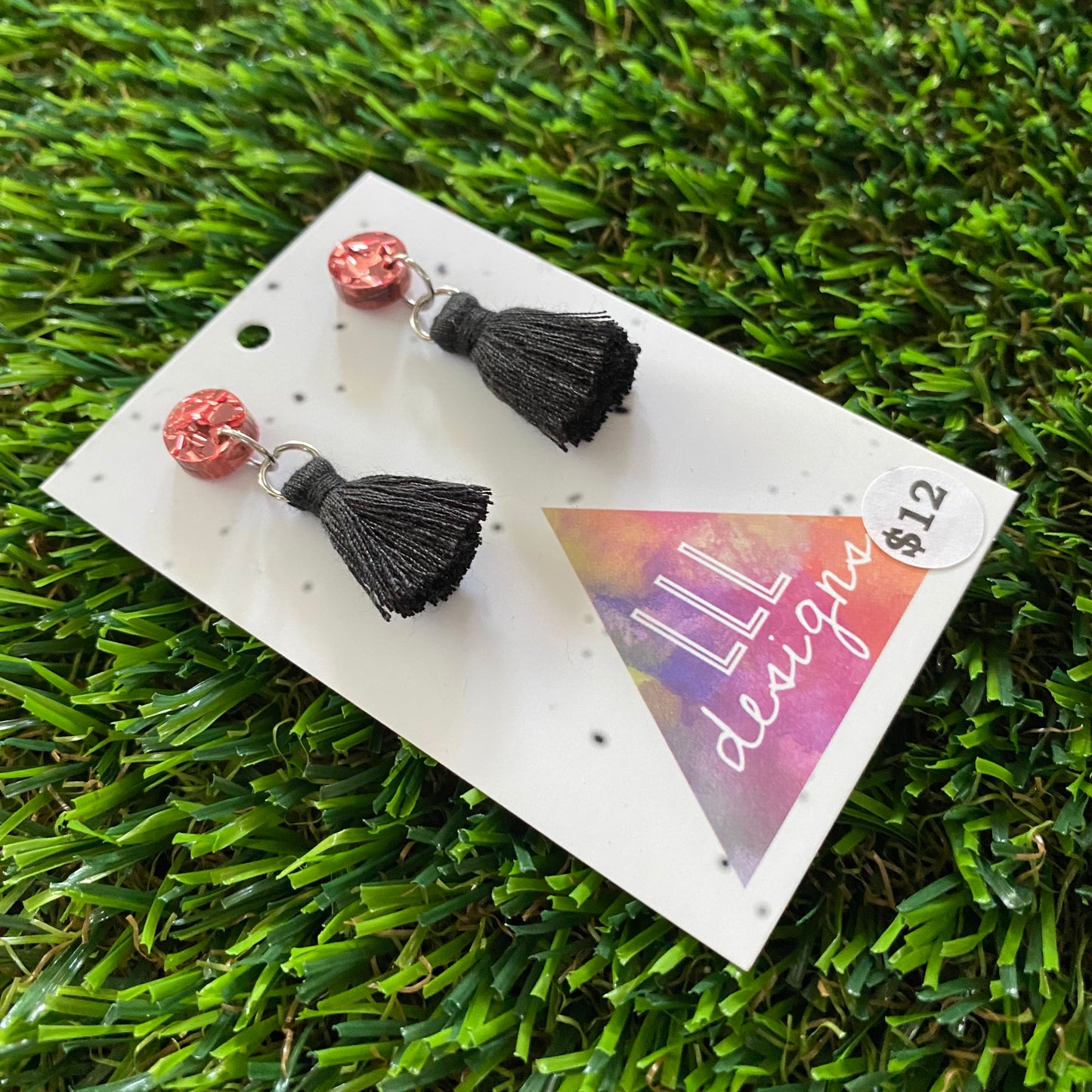 Mini Tassel Earrings - Mini Black Tassels with Dusty Pink Confetti Tops!