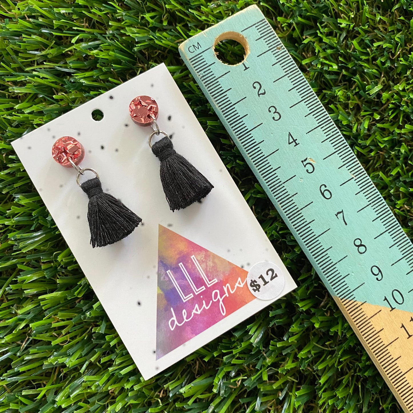 Mini Tassel Earrings - Mini Black Tassels with Dusty Pink Confetti Tops!