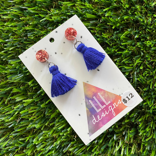 Mini Tassel Earrings - Mini Royal Blue Tassels with Dusty Pink Confetti Tops!