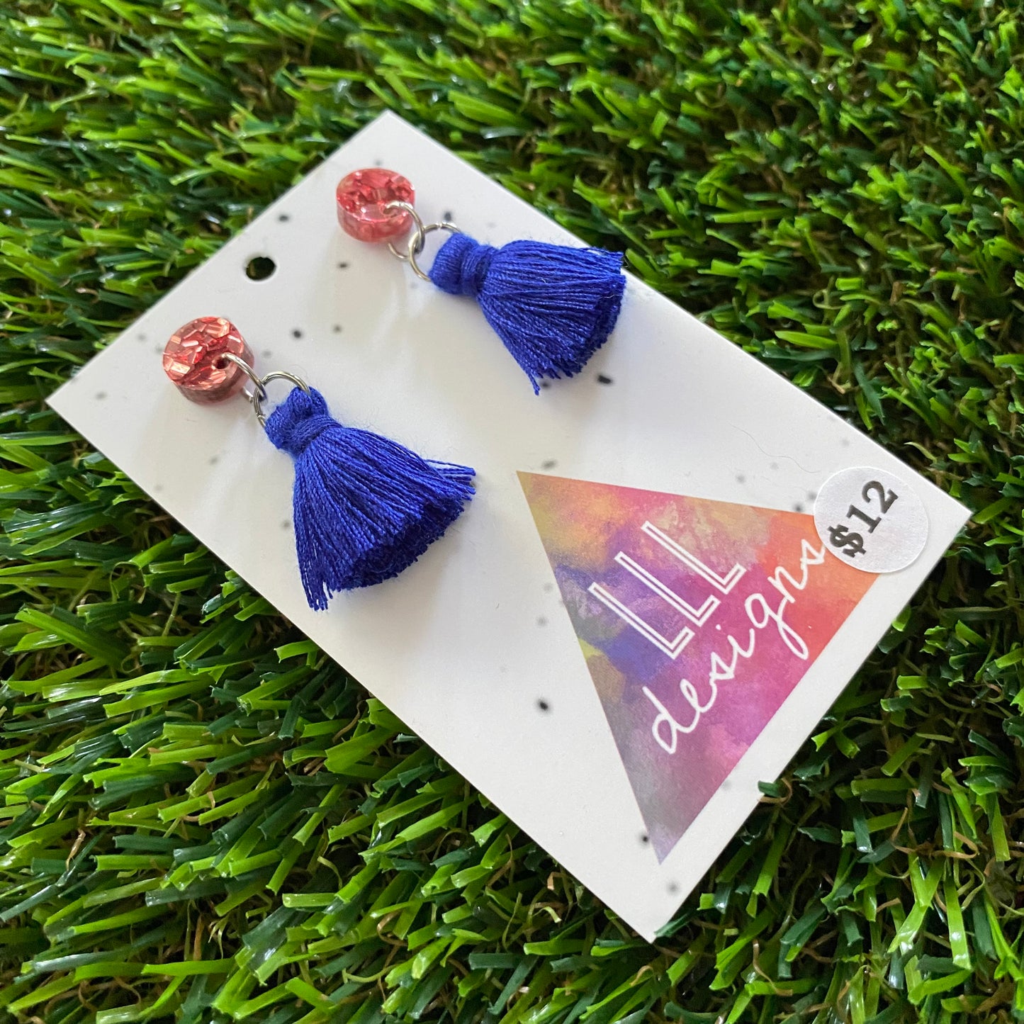Mini Tassel Earrings - Mini Royal Blue Tassels with Dusty Pink Confetti Tops!