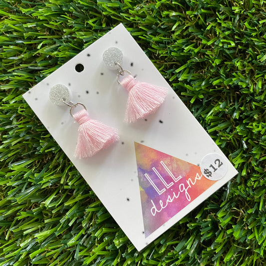 Mini Tassel Earrings - Mini Pastel Pink Tassels with Glitter Silver Tops!
