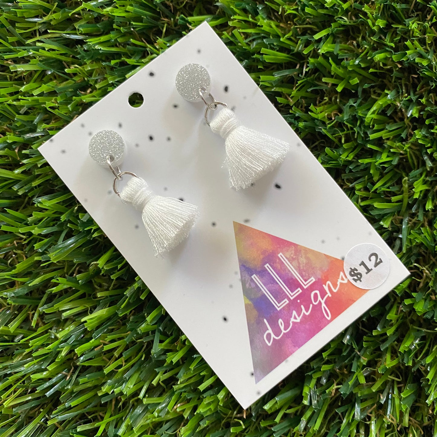 Mini Tassel Earrings - Mini White Tassels with Glitter Silver Tops!