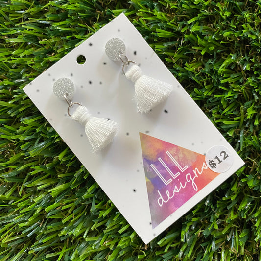 Mini Tassel Earrings - Mini White Tassels with Glitter Silver Tops!