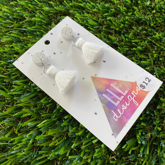 Mini Tassel Earrings - Mini White Tassels with Glitter Silver Tops!
